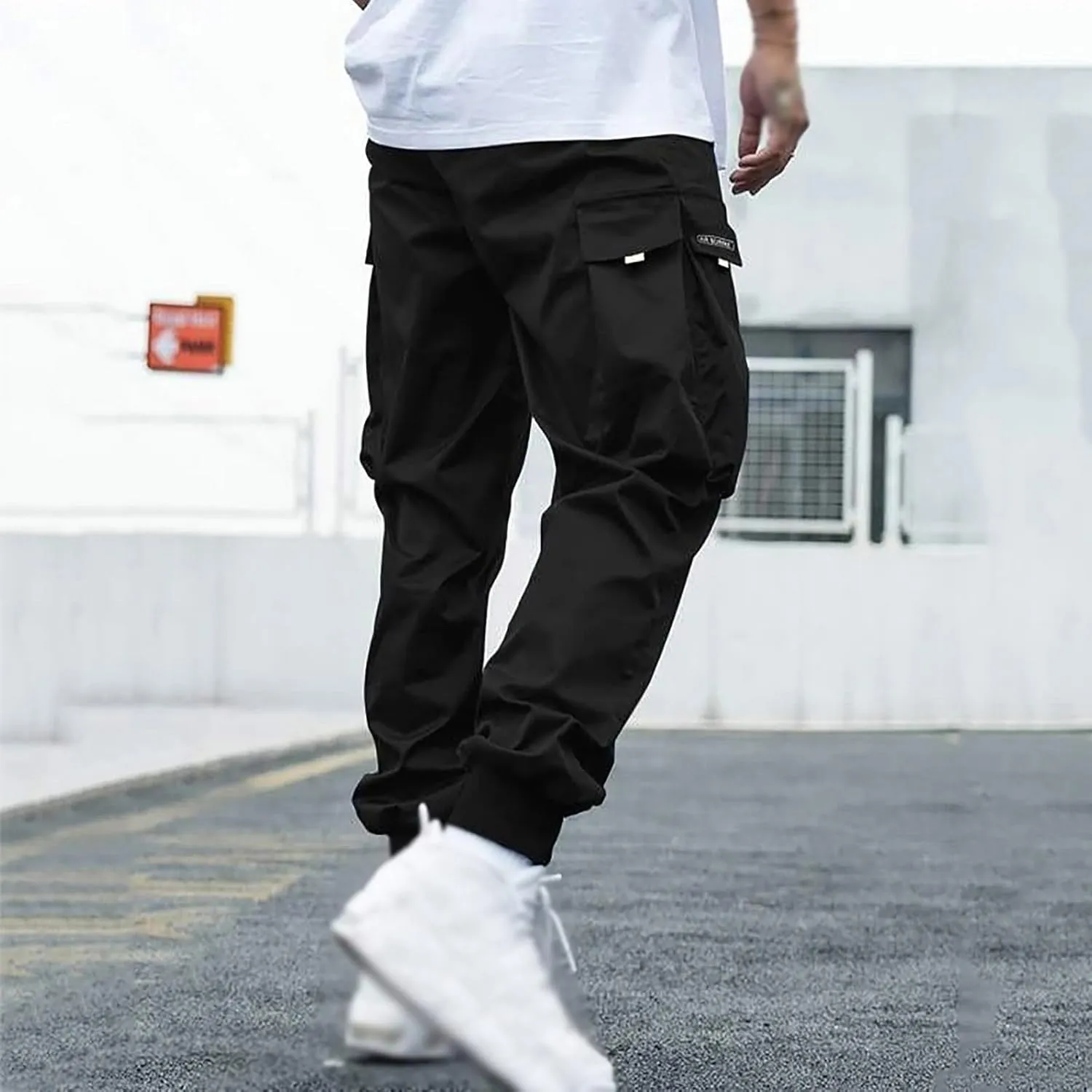 Men's Causal Cargo Pants Solid Color Multi Pockets Straight Trousers Loose Fit Hiking Joggers Hip Hop Streetwear