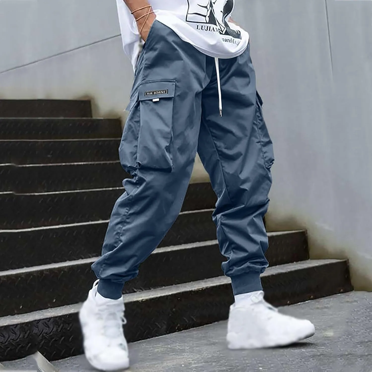 Men's Causal Cargo Pants Solid Color Multi Pockets Straight Trousers Loose Fit Hiking Joggers Hip Hop Streetwear
