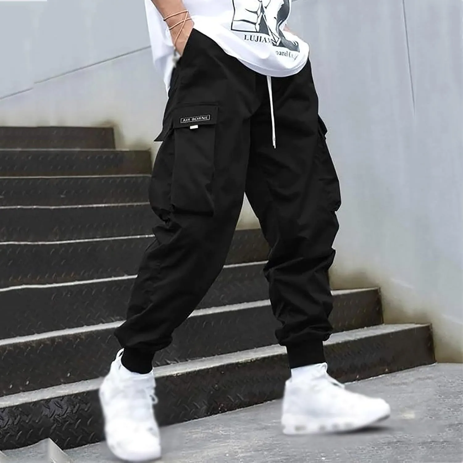 Men's Causal Cargo Pants Solid Color Multi Pockets Straight Trousers Loose Fit Hiking Joggers Hip Hop Streetwear
