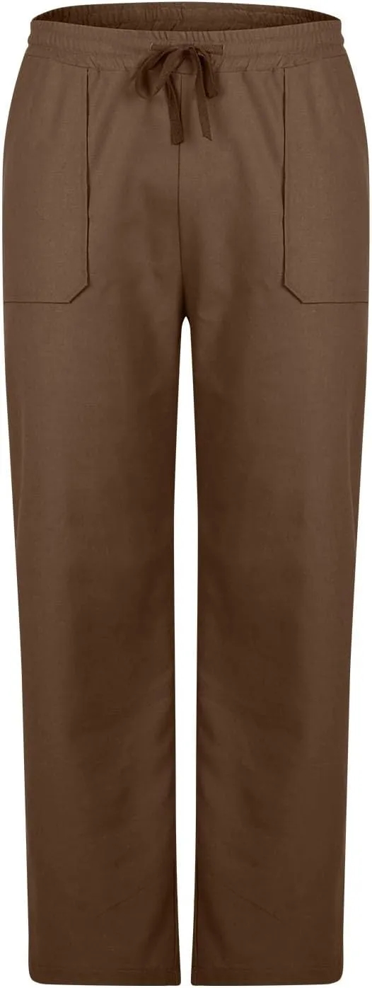 Men's Cotton Linen Pants Casual Work Pant Spring Business Elastic Drawstring Waist Trousers 2025 Solid Comfy Outfits