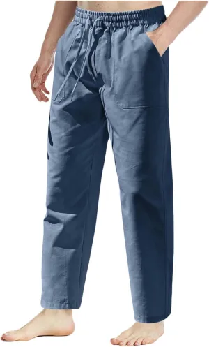 Men's Cotton Linen Pants Casual Work Pant Spring Business Elastic Drawstring Waist Trousers 2025 Solid Comfy Outfits