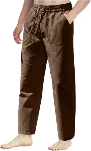 Men's Cotton Linen Pants Casual Work Pant Spring Business Elastic Drawstring Waist Trousers 2025 Solid Comfy Outfits