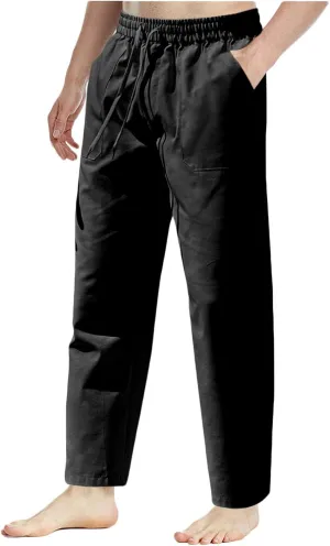 Men's Cotton Linen Pants Casual Work Pant Spring Business Elastic Drawstring Waist Trousers 2025 Solid Comfy Outfits