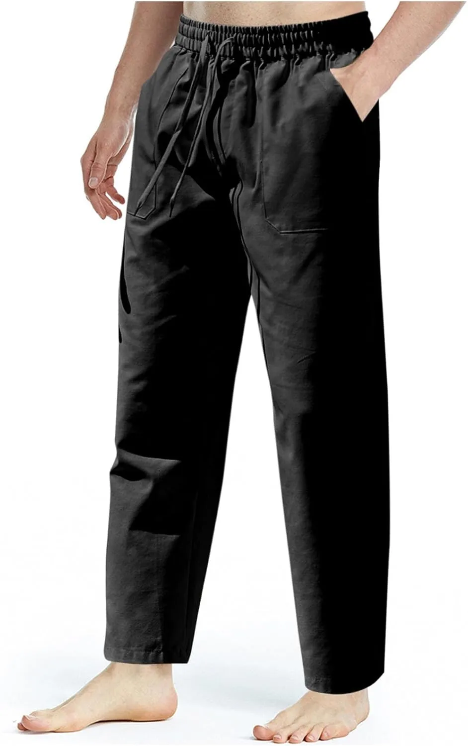 Men's Cotton Linen Pants Casual Work Pant Spring Business Elastic Drawstring Waist Trousers 2025 Solid Comfy Outfits