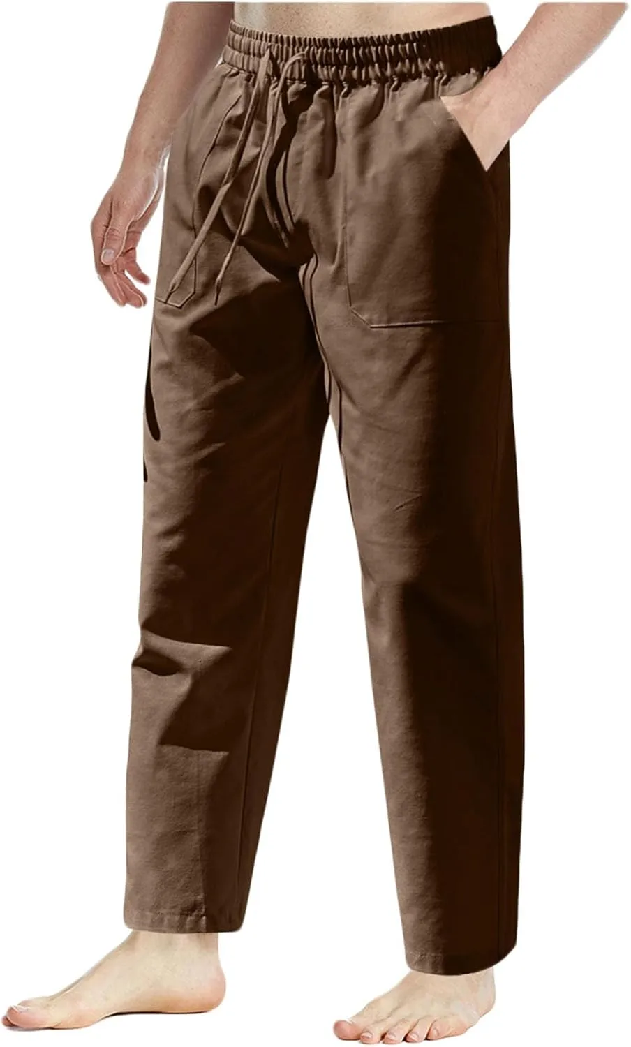 Men's Cotton Linen Pants Casual Work Pant Spring Business Elastic Drawstring Waist Trousers 2025 Solid Comfy Outfits
