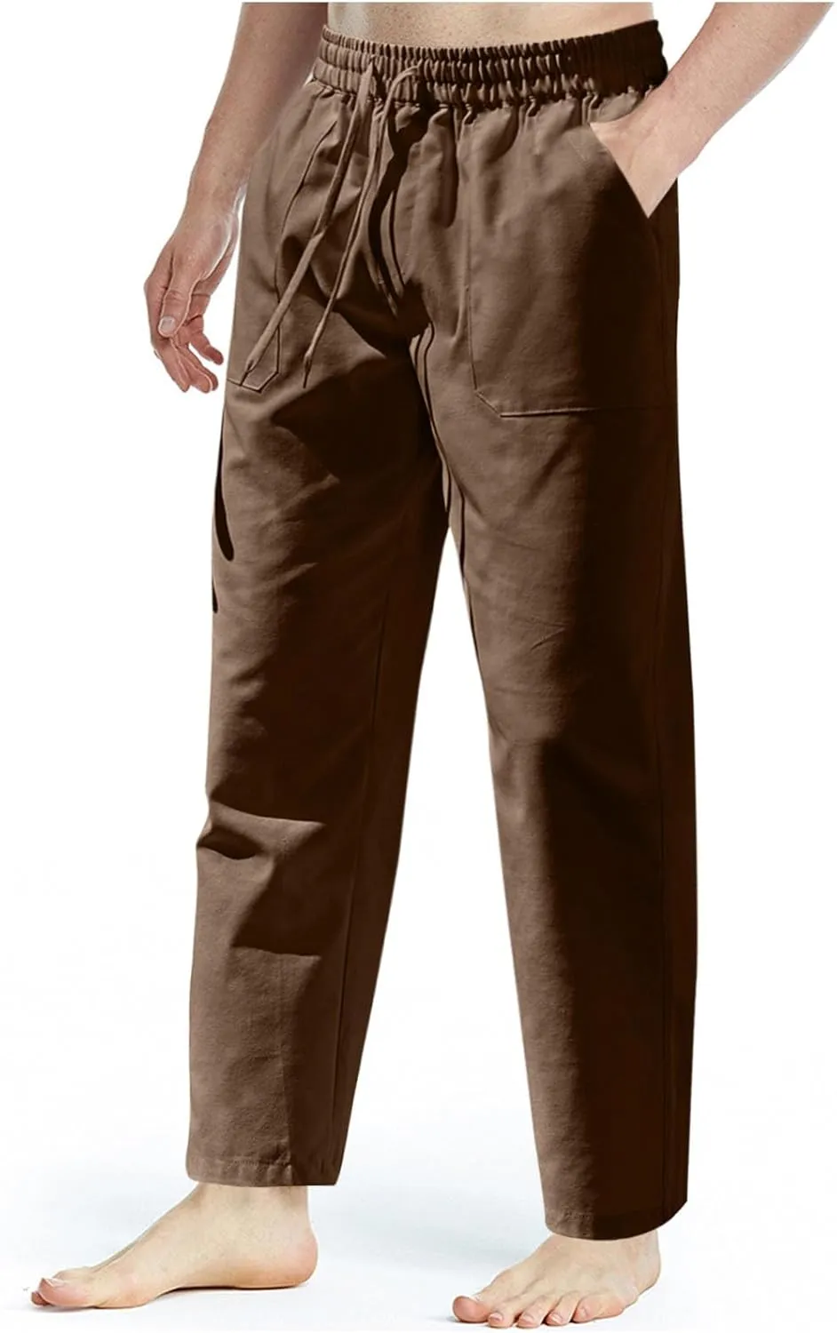 Men's Cotton Linen Pants Casual Work Pant Spring Business Elastic Drawstring Waist Trousers 2025 Solid Comfy Outfits