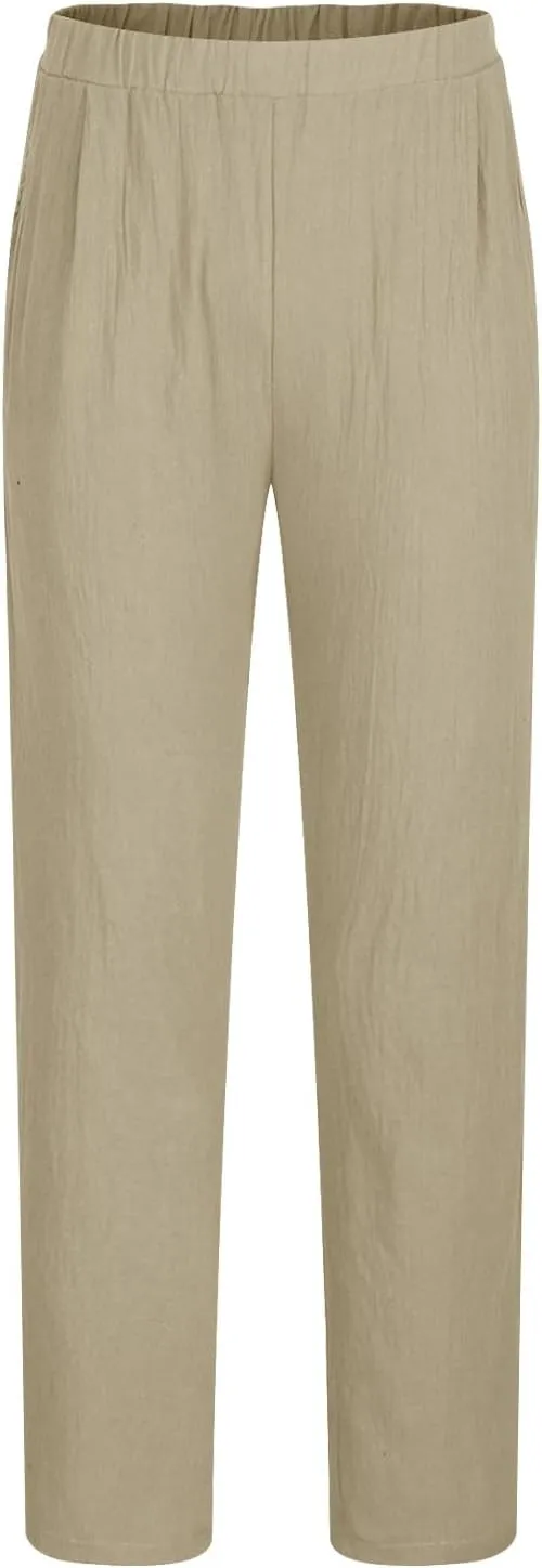 Mens Cotton Linen Pleated Pants Trendy Elastic Waist Trousers Summer Going Out Travel Casual Pant New Lounge Clothing