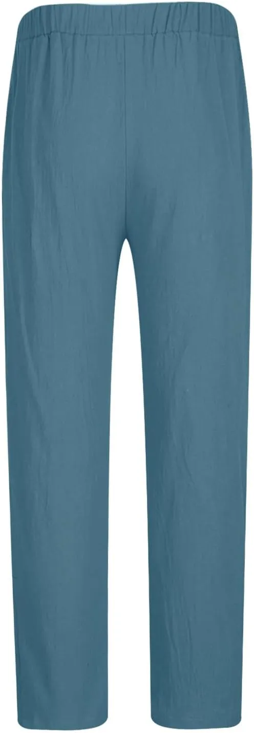 Mens Cotton Linen Pleated Pants Trendy Elastic Waist Trousers Summer Going Out Travel Casual Pant New Lounge Clothing