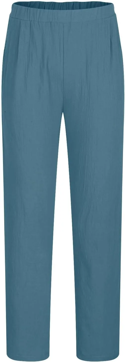 Mens Cotton Linen Pleated Pants Trendy Elastic Waist Trousers Summer Going Out Travel Casual Pant New Lounge Clothing