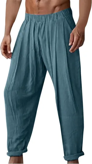 Mens Cotton Linen Pleated Pants Trendy Elastic Waist Trousers Summer Going Out Travel Casual Pant New Lounge Clothing