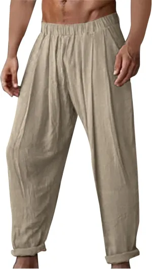 Mens Cotton Linen Pleated Pants Trendy Elastic Waist Trousers Summer Going Out Travel Casual Pant New Lounge Clothing