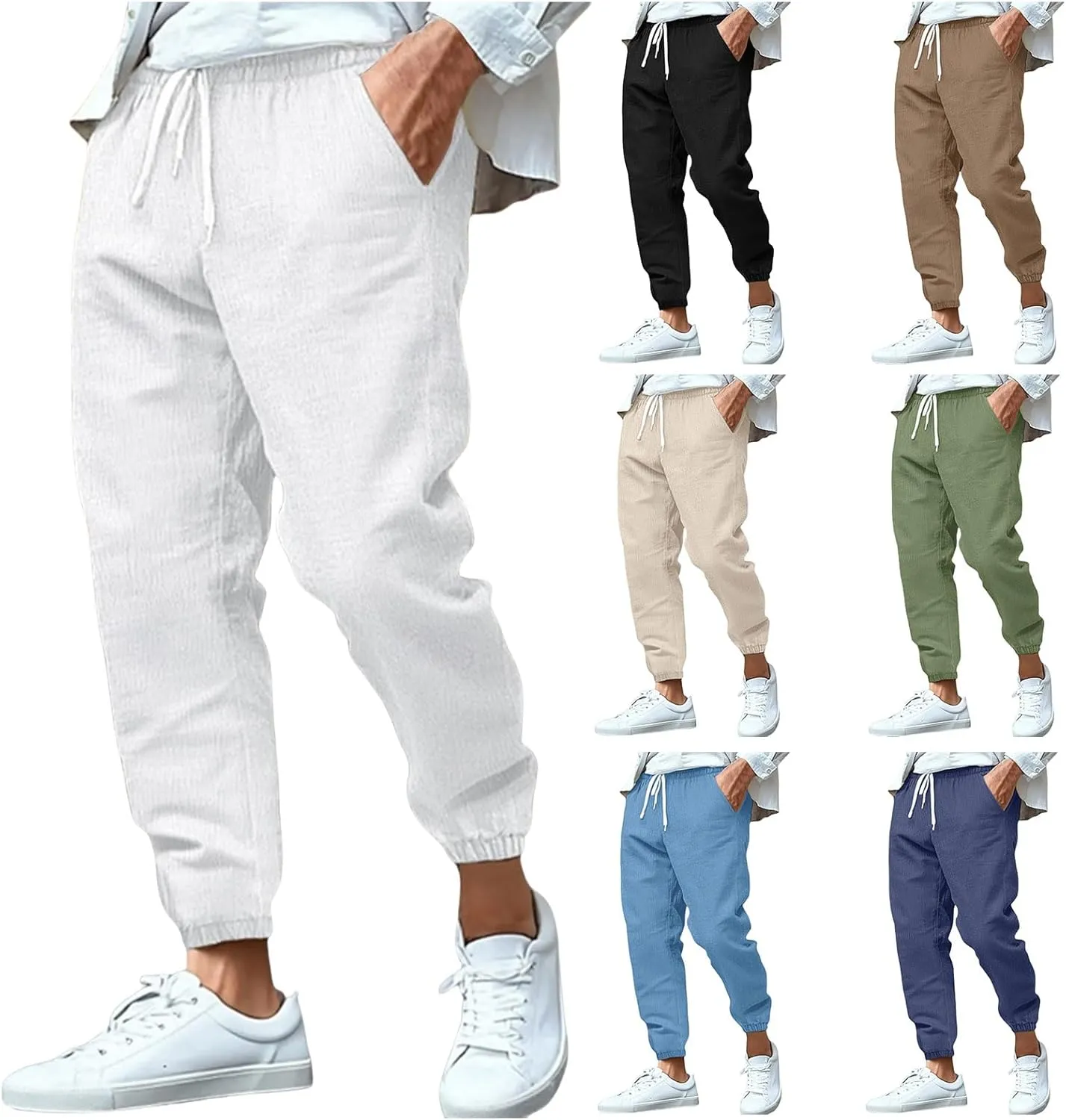 Men's Cotton Linen Tapered Pants Mid Waist Drawstring Pants Solid Color Breathable Comfy Trousers Lounge Thin Trouser