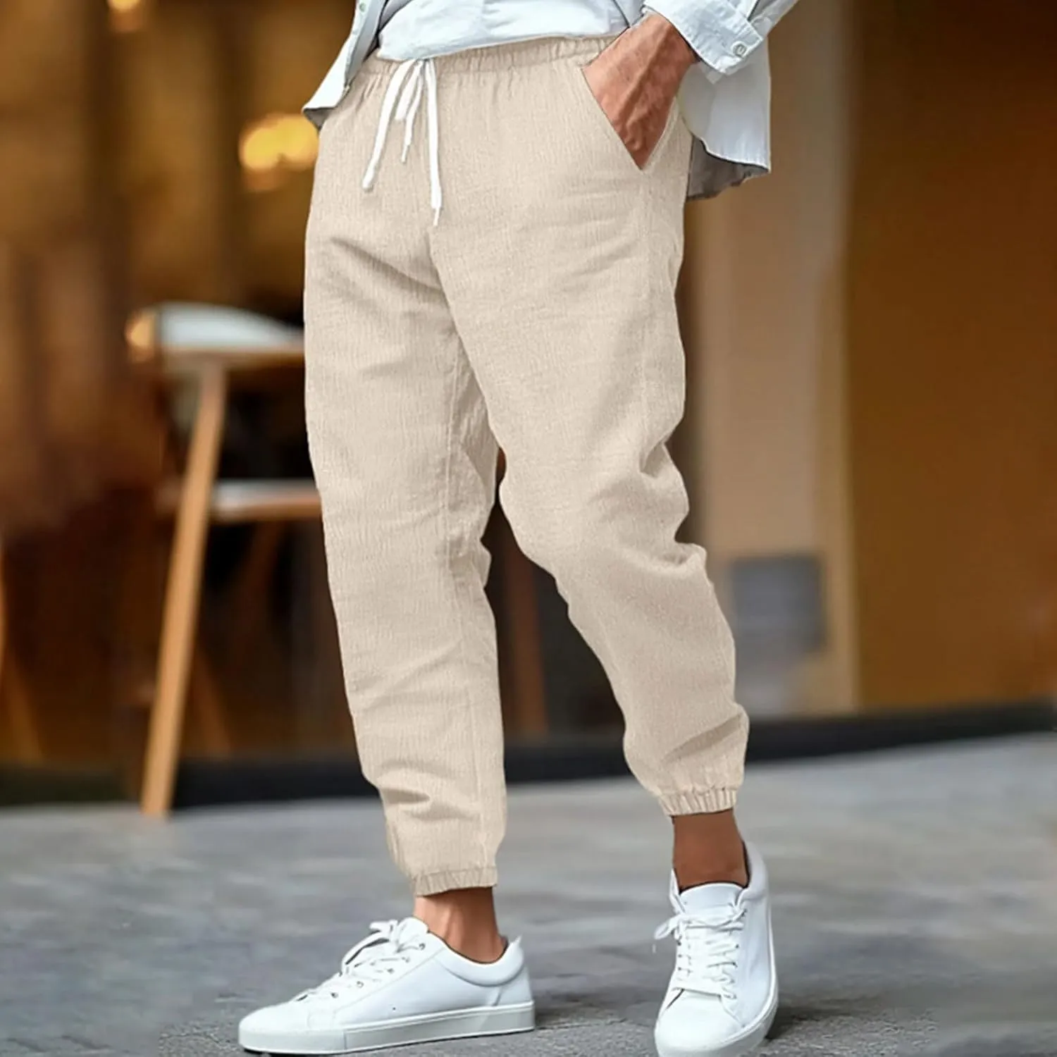 Men's Cotton Linen Tapered Pants Mid Waist Drawstring Pants Solid Color Breathable Comfy Trousers Lounge Thin Trouser