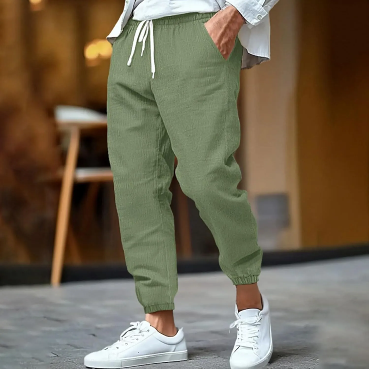 Men's Cotton Linen Tapered Pants Mid Waist Drawstring Pants Solid Color Breathable Comfy Trousers Lounge Thin Trouser