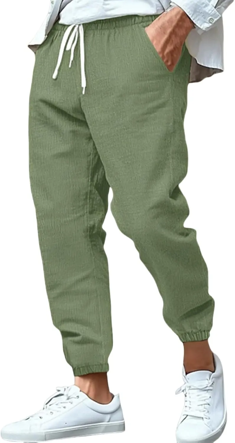 Men's Cotton Linen Tapered Pants Mid Waist Drawstring Pants Solid Color Breathable Comfy Trousers Lounge Thin Trouser