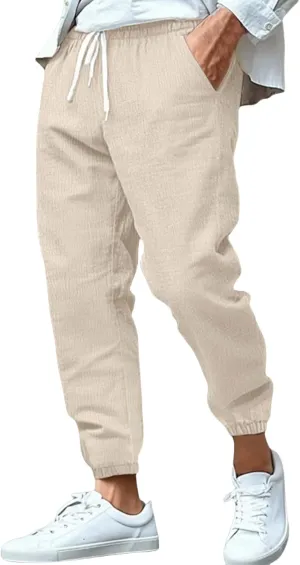 Men's Cotton Linen Tapered Pants Mid Waist Drawstring Pants Solid Color Breathable Comfy Trousers Lounge Thin Trouser