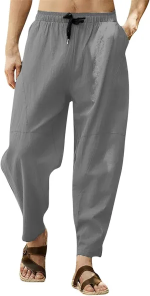 Mens Cotton Linen Trousers Casual Loose Solid Pants Summer Lightweight Drawstring Waist Pant Going Out Soft Clothes