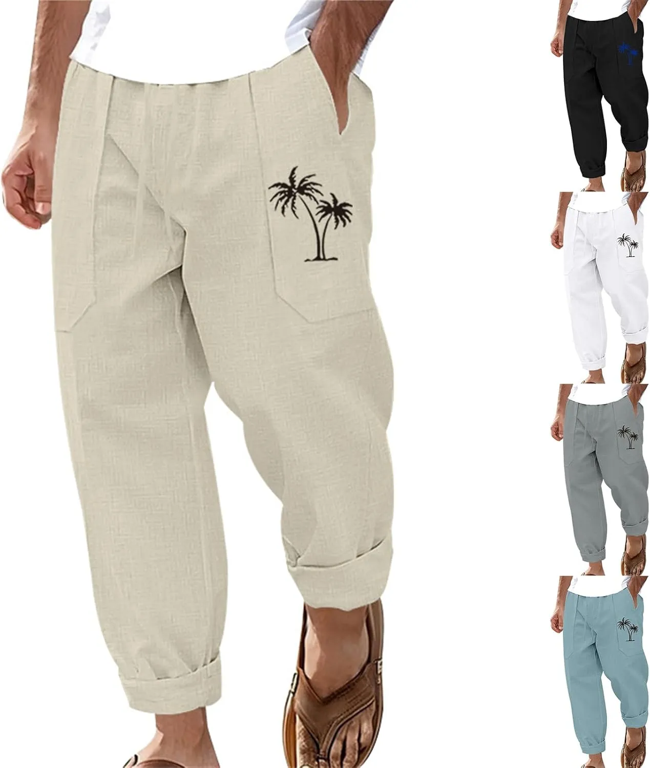 Men's Cotton Linen Trousers Solid Color Drawstring Casual Pants Comfy Breathable Beach Pants Loose Fit Thin Trousers