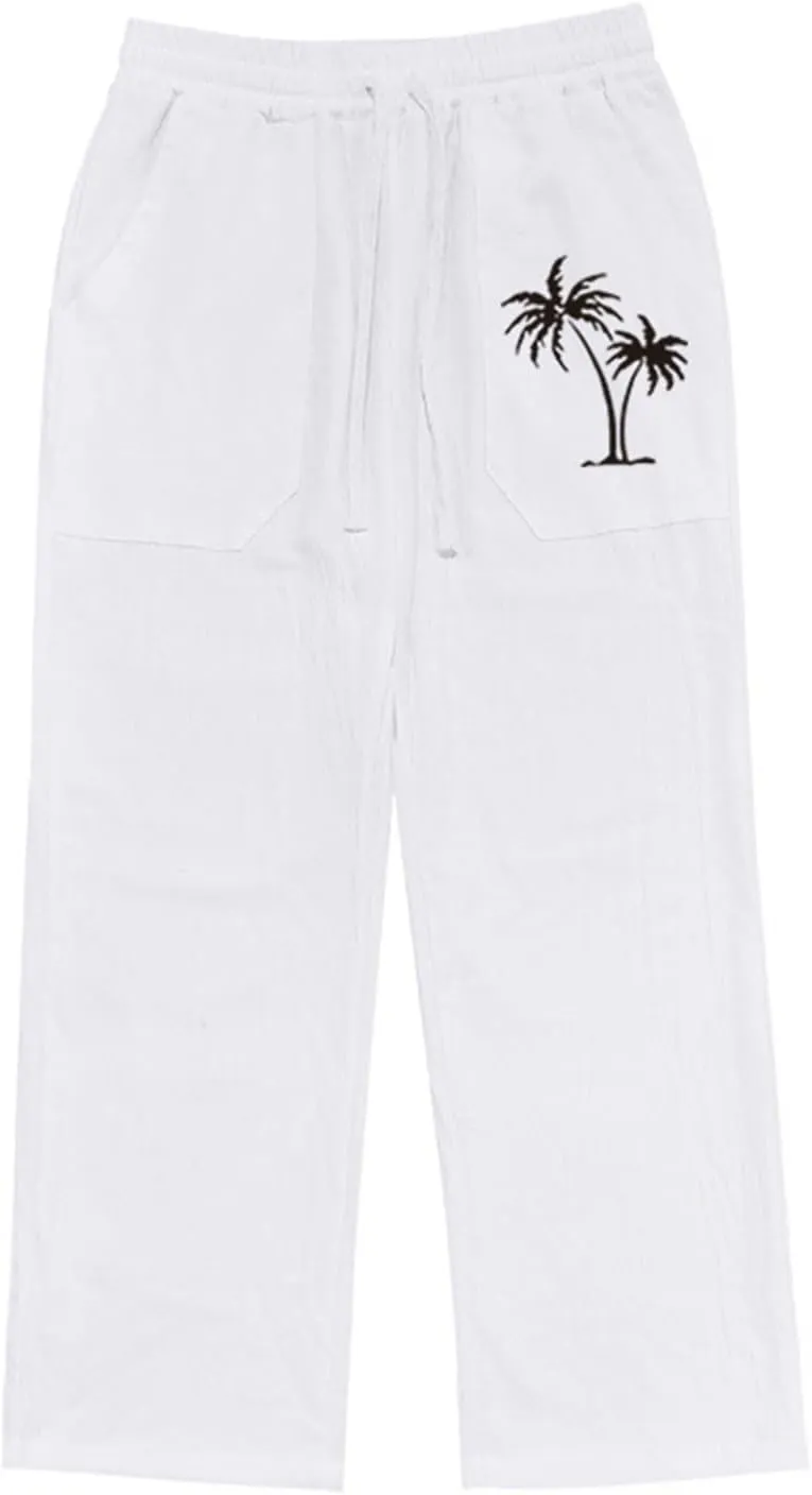 Men's Cotton Linen Trousers Solid Color Drawstring Casual Pants Comfy Breathable Beach Pants Loose Fit Thin Trousers