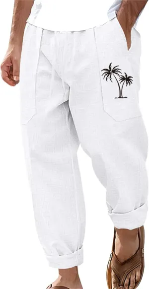 Men's Cotton Linen Trousers Solid Color Drawstring Casual Pants Comfy Breathable Beach Pants Loose Fit Thin Trousers