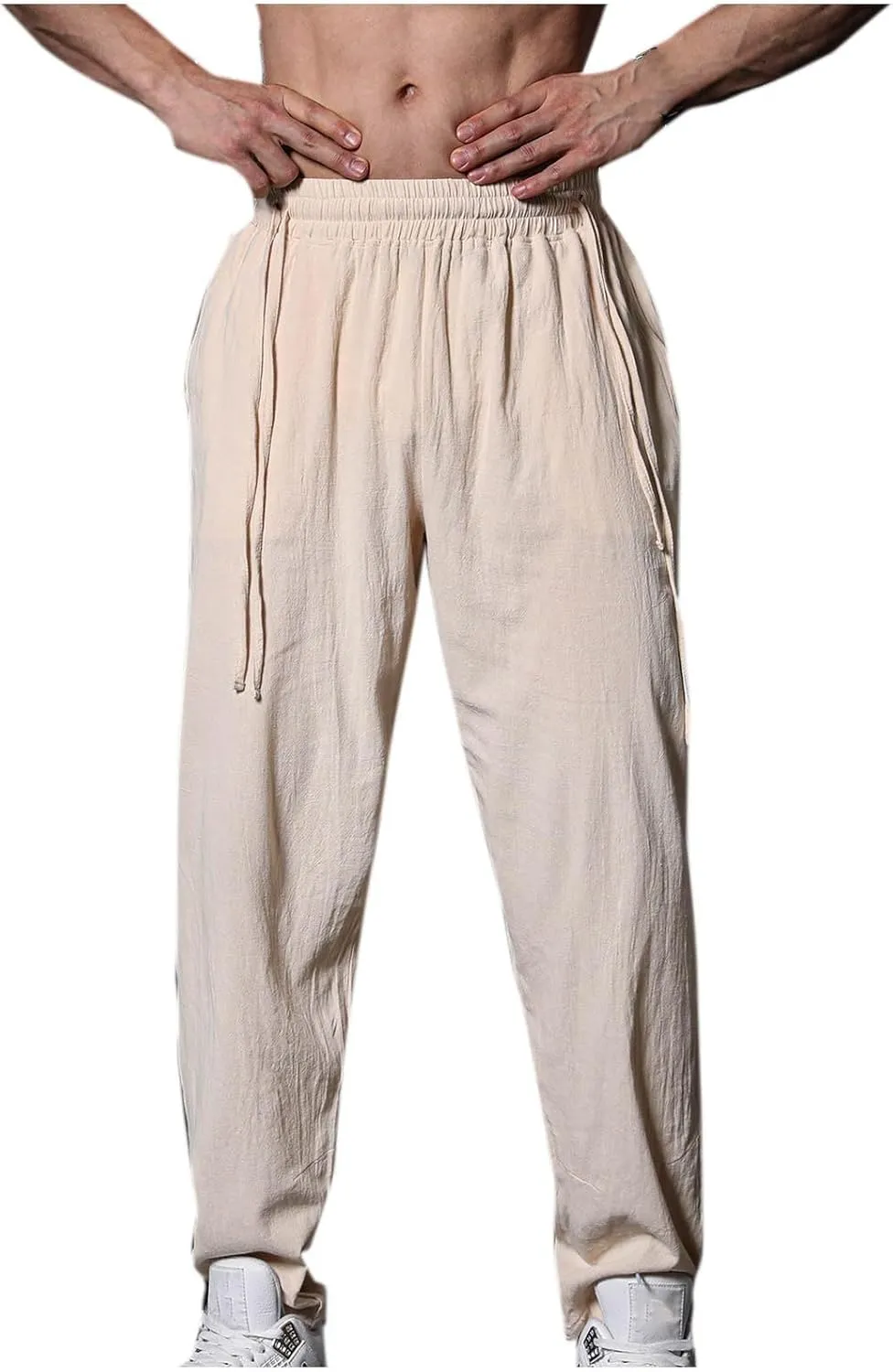 Mens Cotton Linen Workout Pants Comfy Drawstring Waist Trousers Loose Casual Outing Sports Pant Solid Soft Clothes