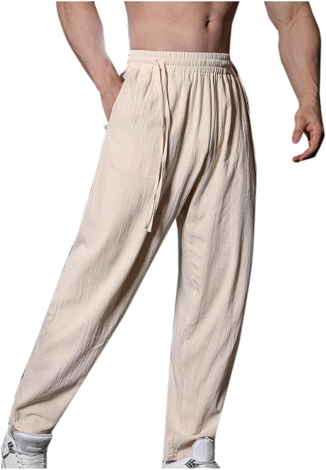 Mens Cotton Linen Workout Pants Comfy Drawstring Waist Trousers Loose Casual Outing Sports Pant Solid Soft Clothes