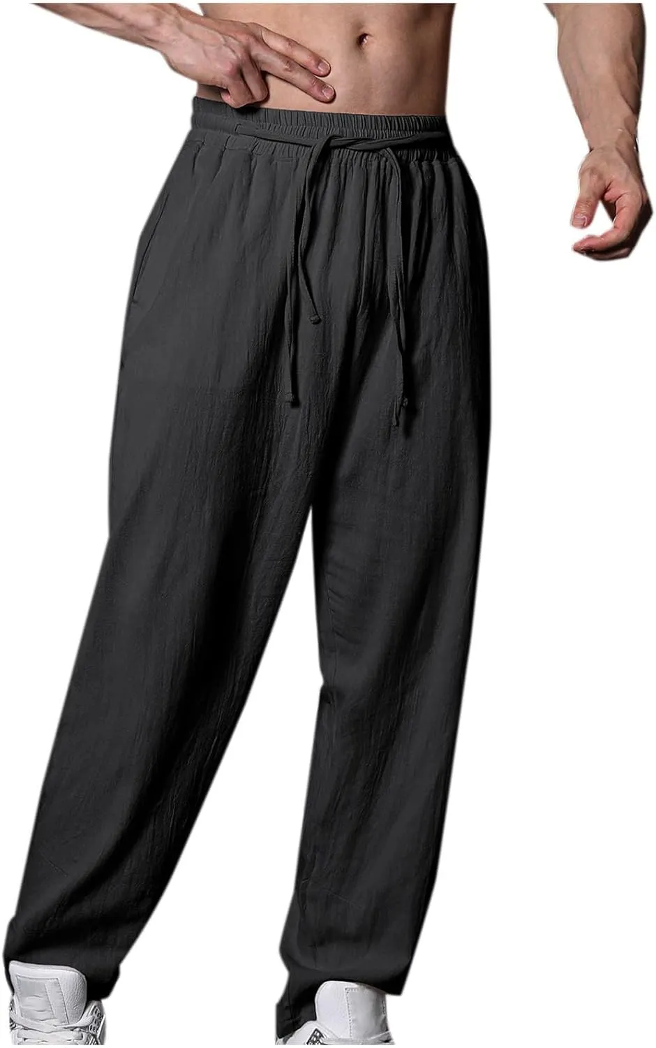 Mens Cotton Linen Workout Pants Comfy Drawstring Waist Trousers Loose Casual Outing Sports Pant Solid Soft Clothes
