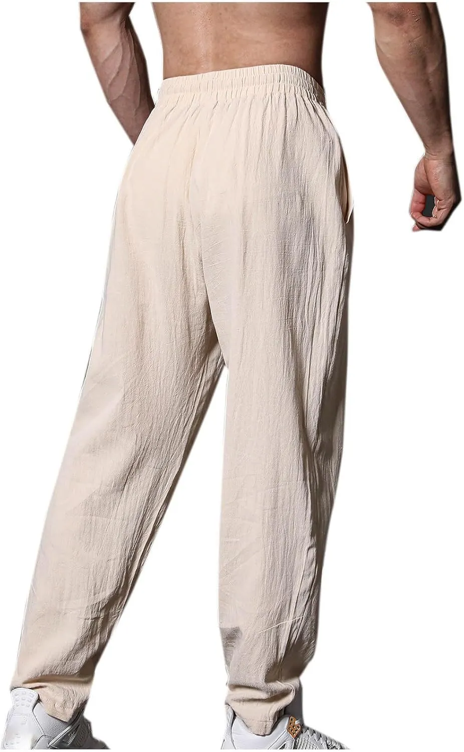 Mens Cotton Linen Workout Pants Comfy Drawstring Waist Trousers Loose Casual Outing Sports Pant Solid Soft Clothes