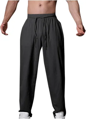Mens Cotton Linen Workout Pants Comfy Drawstring Waist Trousers Loose Casual Outing Sports Pant Solid Soft Clothes