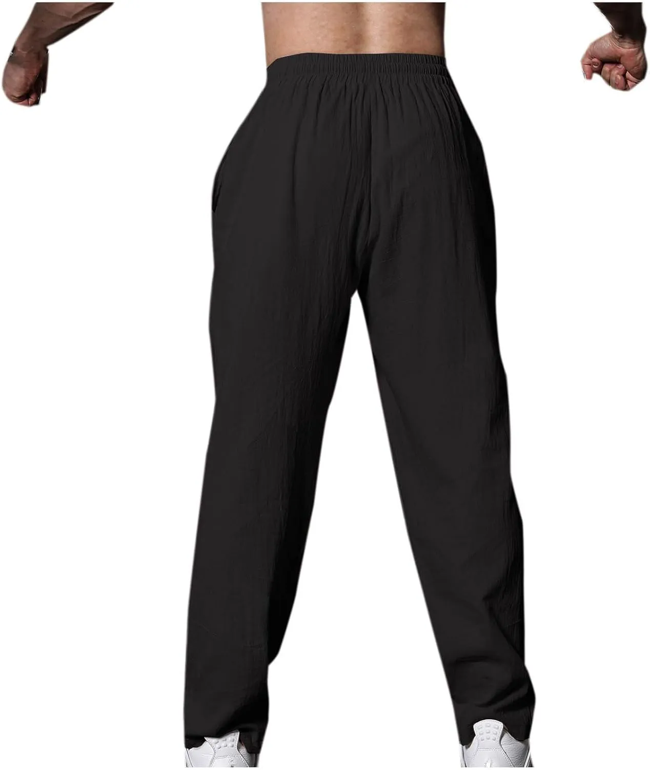 Mens Cotton Linen Workout Pants Comfy Drawstring Waist Trousers Loose Casual Outing Sports Pant Solid Soft Clothes