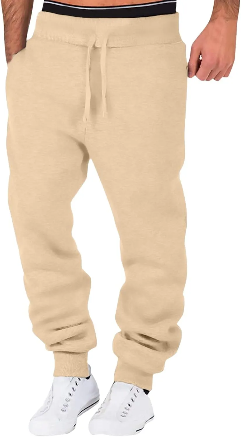 Men's Fleece Cargo Sweatpants Drawstring Loose Waist Solid Color Pants Pocket Active Athletic Workout Sweatpants Men