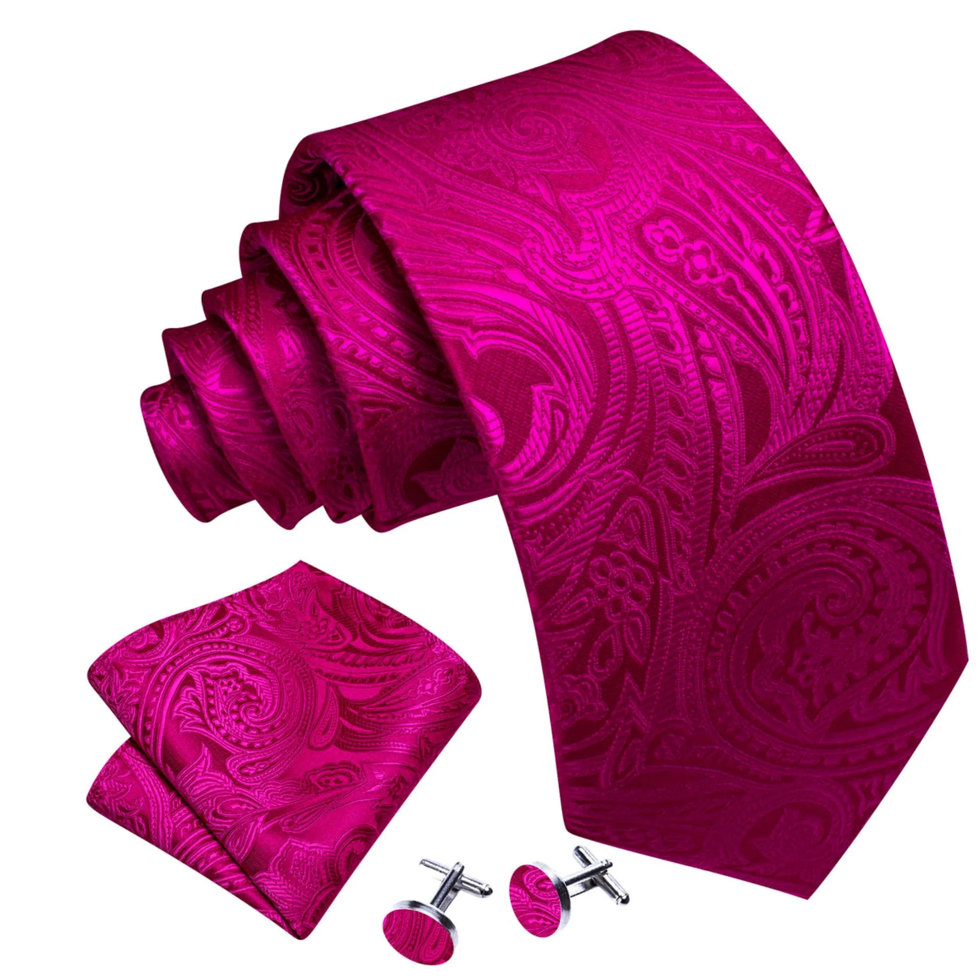 Men's Fuchsia Paisley 100% Silk Neck Tie With Matching Hanky And Cufflinks Set