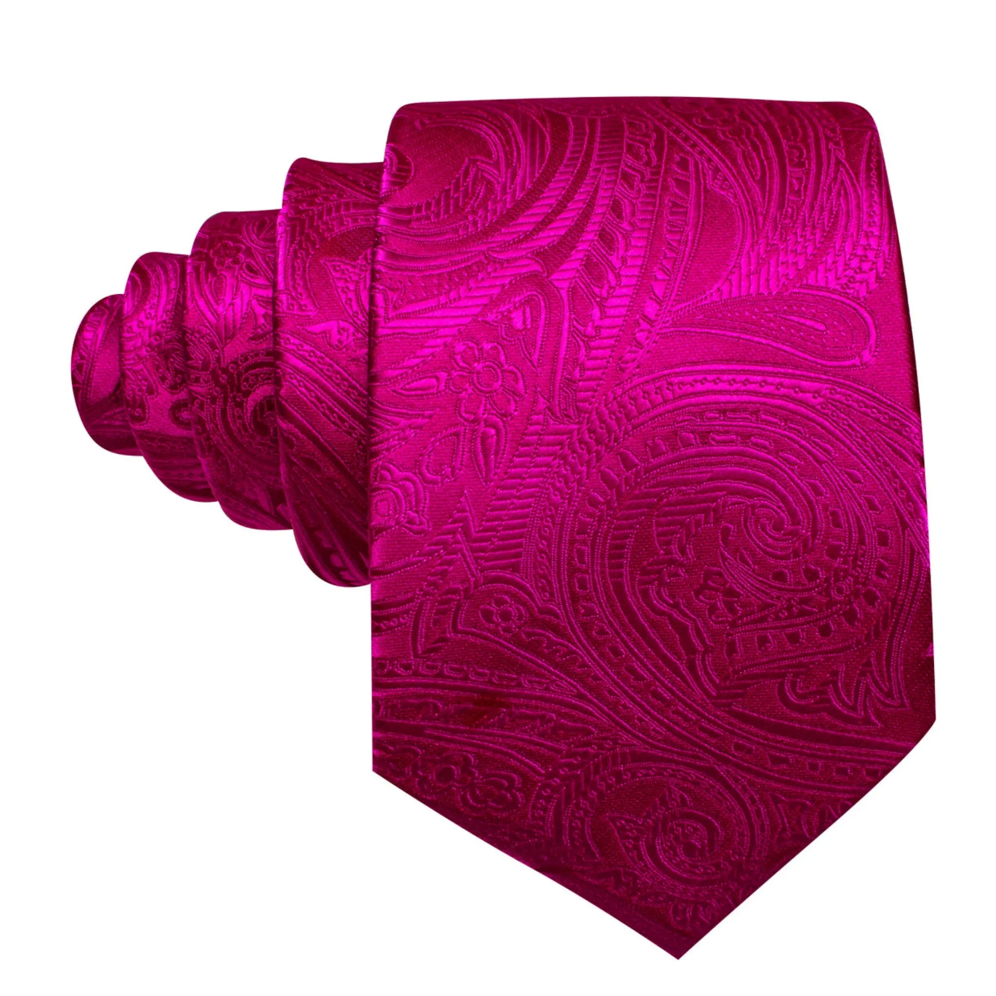 Men's Fuchsia Paisley 100% Silk Neck Tie With Matching Hanky And Cufflinks Set