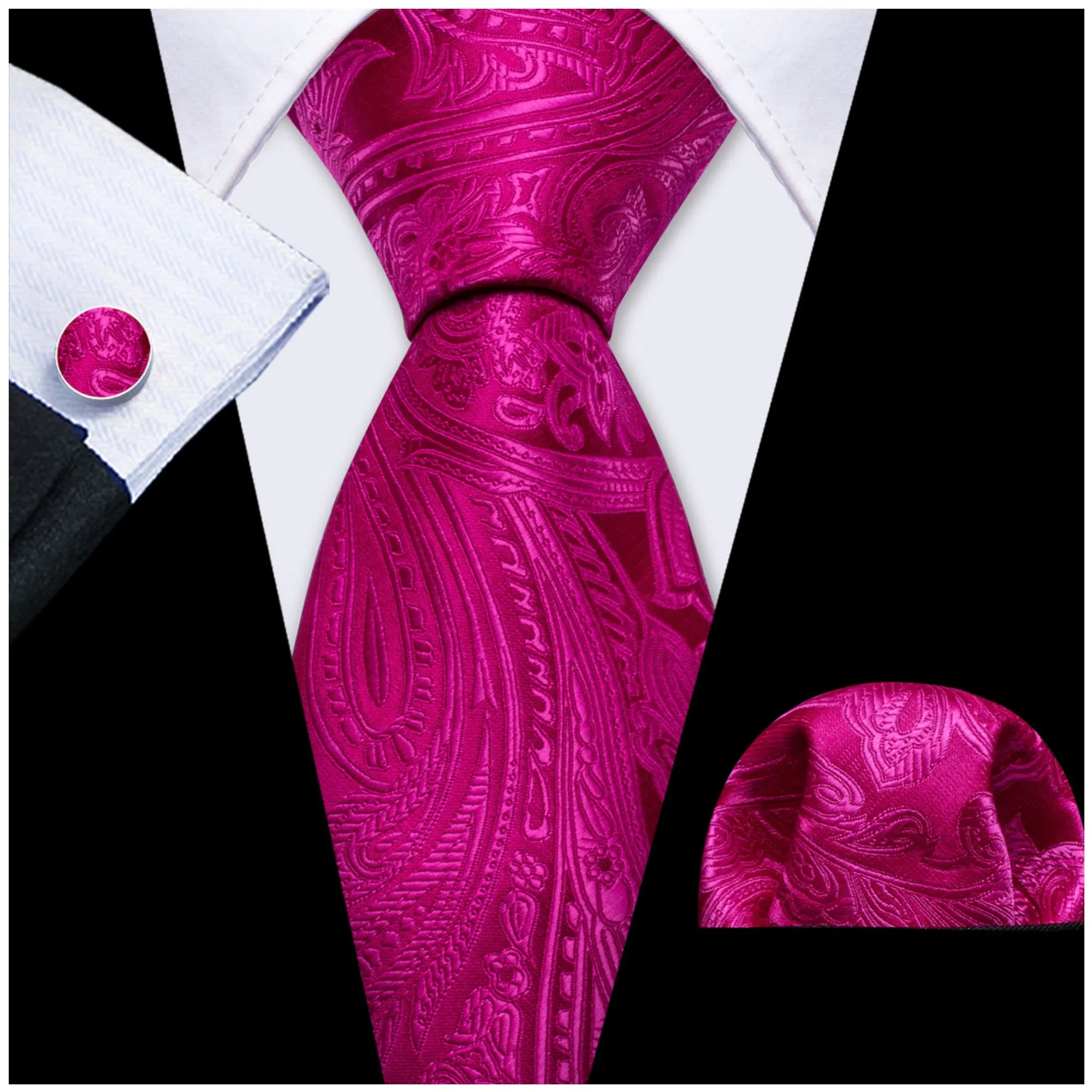 Men's Fuchsia Paisley 100% Silk Neck Tie With Matching Hanky And Cufflinks Set