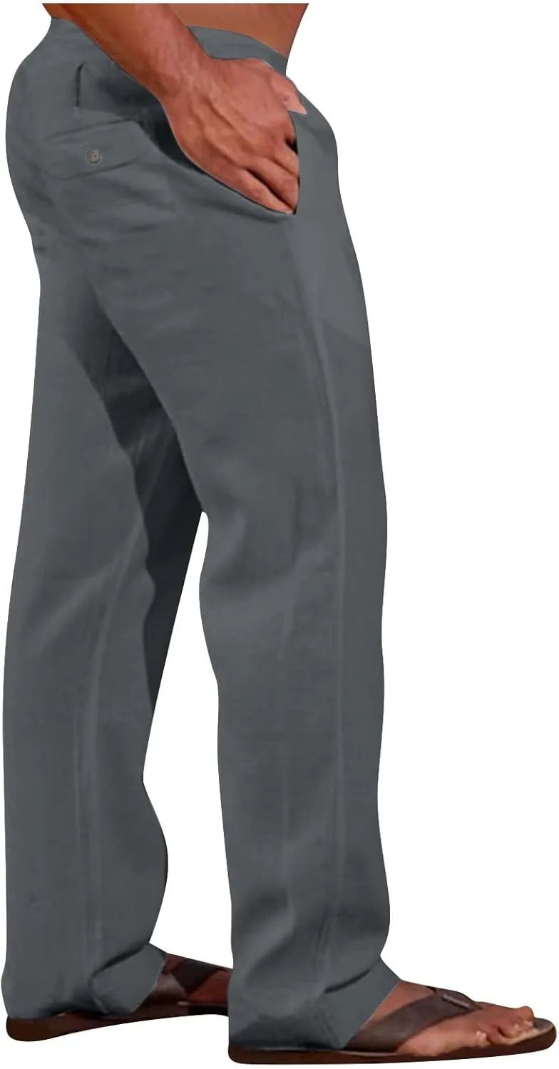 Mens Going Out Casual Pants Cotton Linen Blend Trousers Elastic Drawstring Waist Work Pant Solid New Comfy Clothing