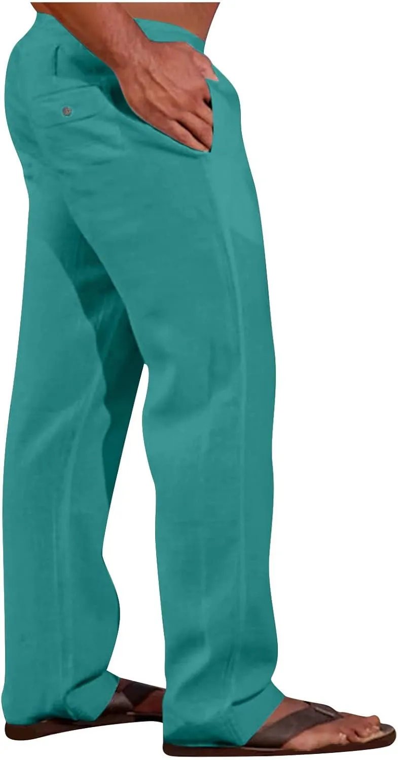 Mens Going Out Casual Pants Cotton Linen Blend Trousers Elastic Drawstring Waist Work Pant Solid New Comfy Clothing