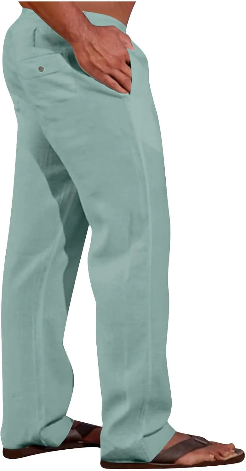 Mens Going Out Casual Pants Cotton Linen Blend Trousers Elastic Drawstring Waist Work Pant Solid New Comfy Clothing