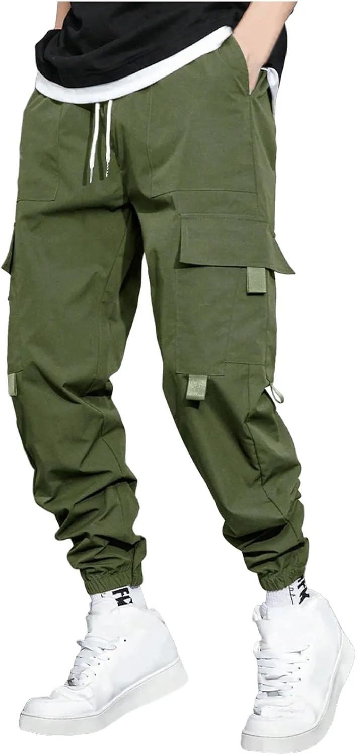 Mens Jogging Cargo Pants Big and Tall Elastic Waist Pants with Multi-Pocket Loose Drawstring Comfy Trousers