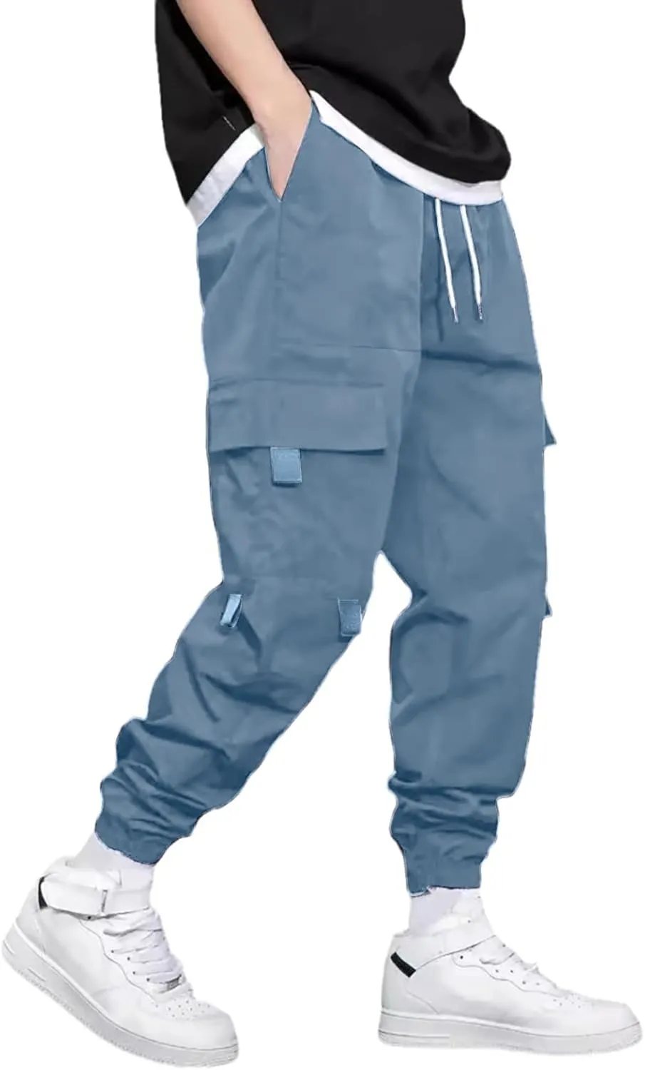 Mens Jogging Cargo Pants Big and Tall Elastic Waist Pants with Multi-Pocket Loose Drawstring Comfy Trousers