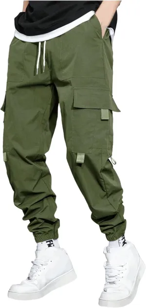 Mens Jogging Cargo Pants Big and Tall Elastic Waist Pants with Multi-Pocket Loose Drawstring Comfy Trousers