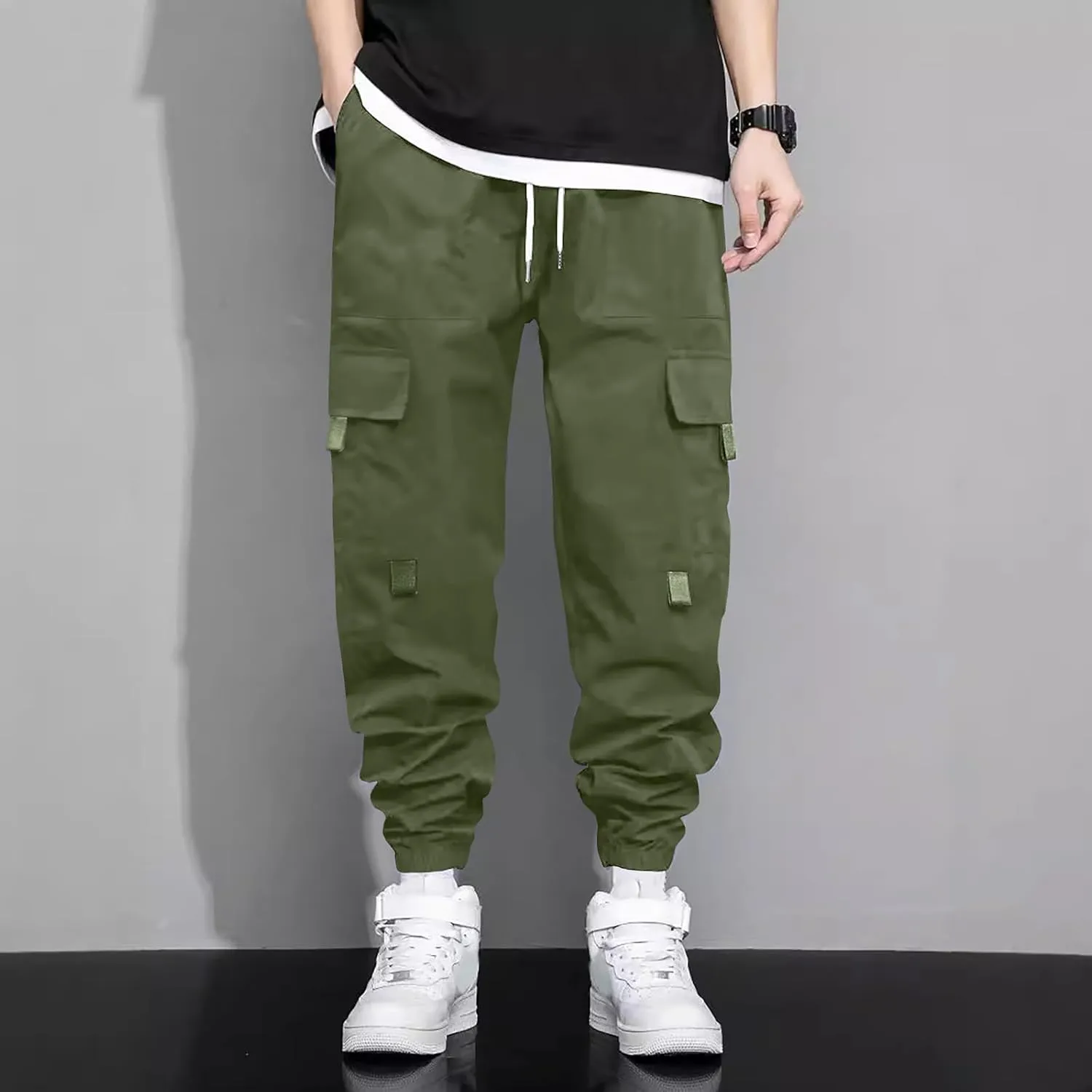 Mens Jogging Cargo Pants Big and Tall Elastic Waist Pants with Multi-Pocket Loose Drawstring Comfy Trousers