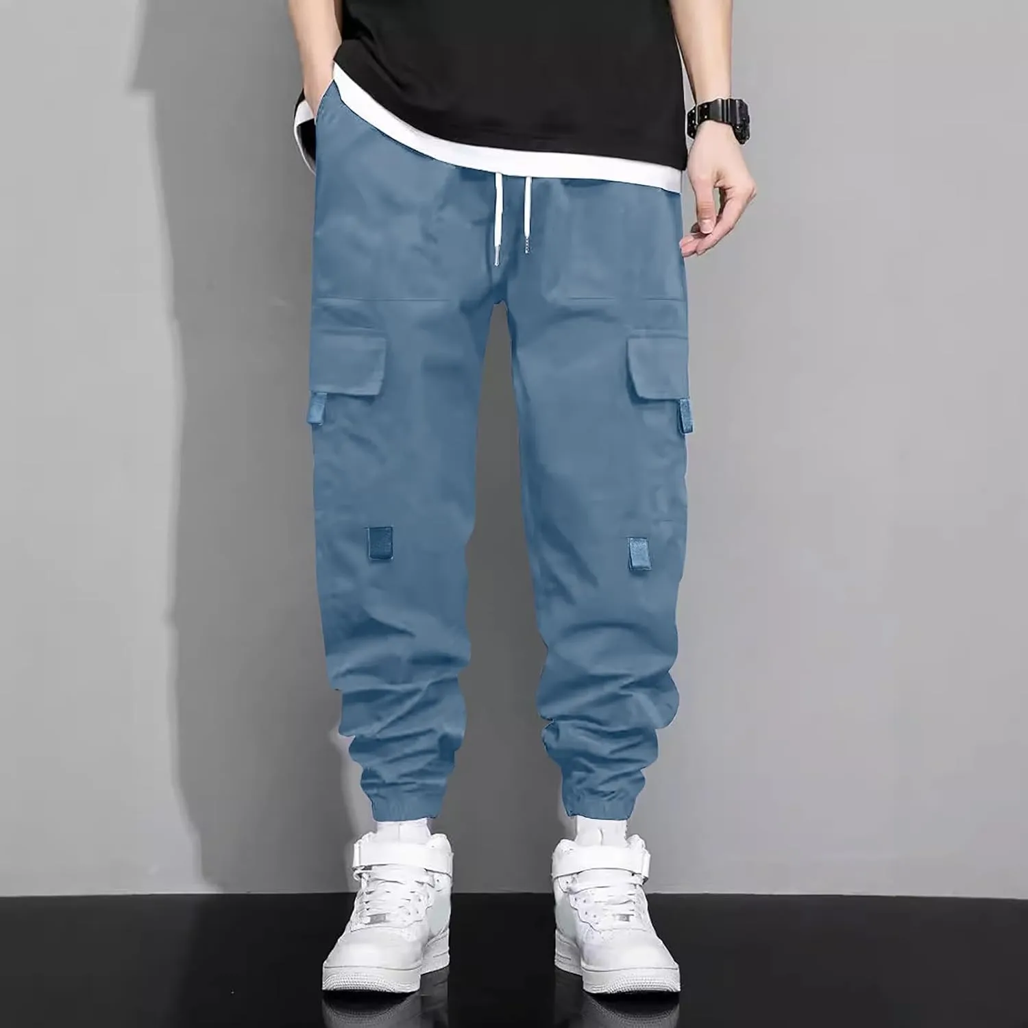 Mens Jogging Cargo Pants Big and Tall Elastic Waist Pants with Multi-Pocket Loose Drawstring Comfy Trousers