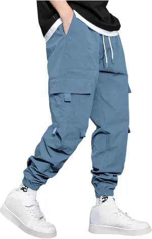 Mens Jogging Cargo Pants Big and Tall Elastic Waist Pants with Multi-Pocket Loose Drawstring Comfy Trousers