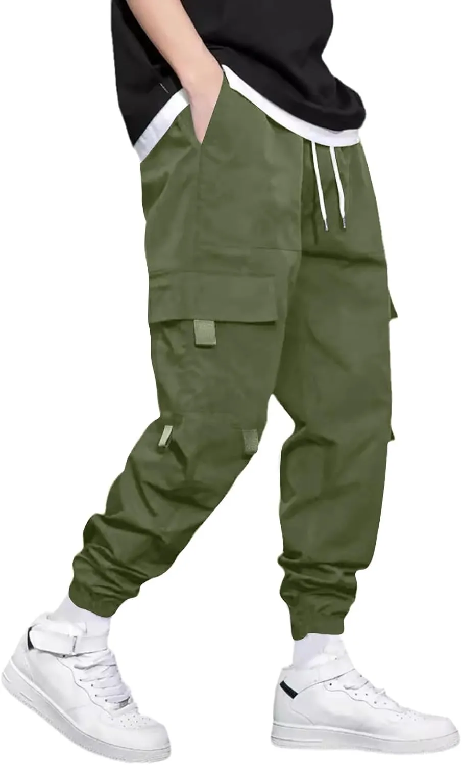 Mens Jogging Cargo Pants Big and Tall Elastic Waist Pants with Multi-Pocket Loose Drawstring Comfy Trousers