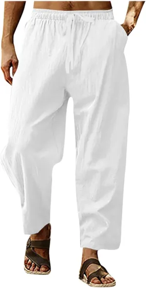 Mens Lightweight Linen Pants Solid Color Summer Sweatpants Lounge Classic Fit Beach Yoga Trousers Outdoor Joggers