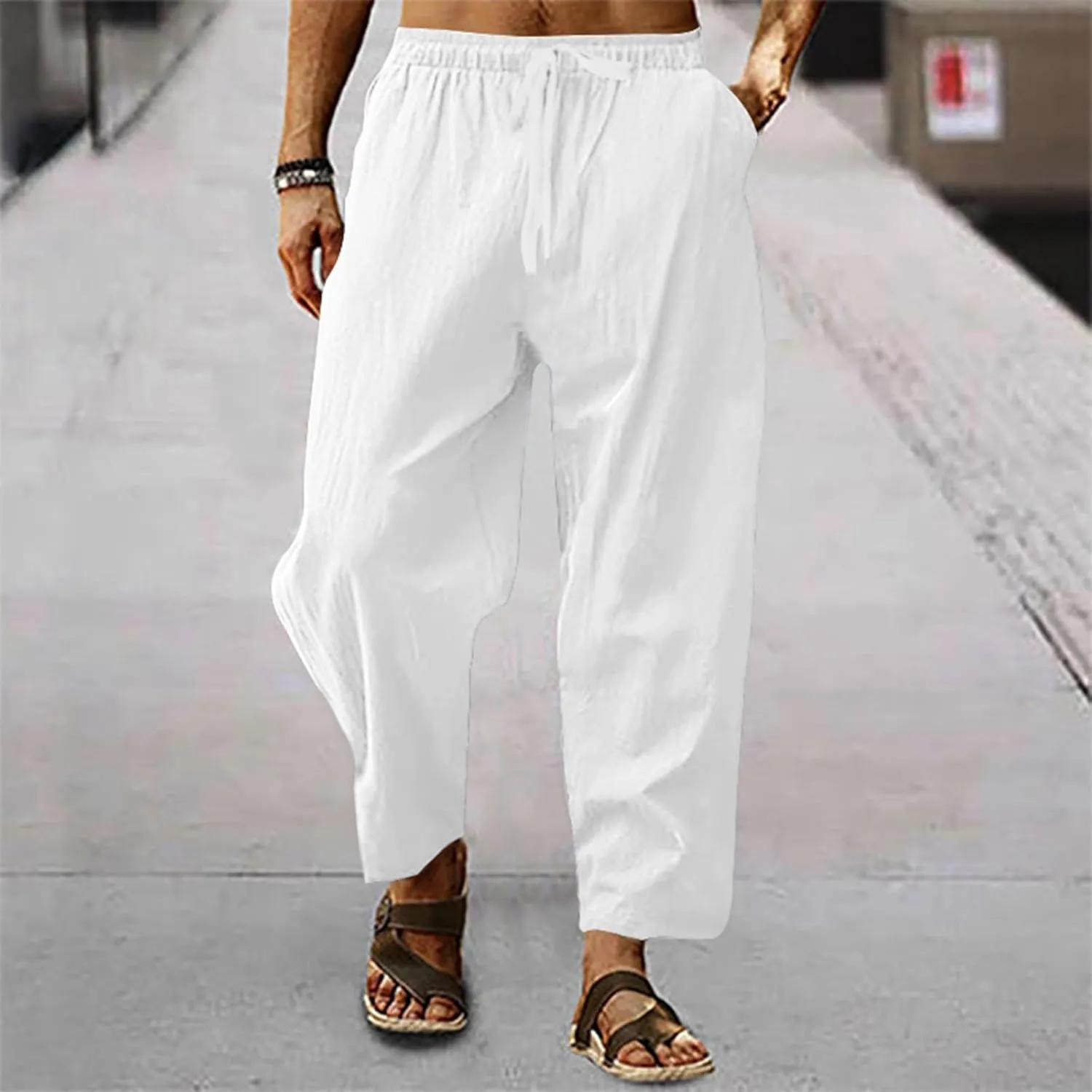 Mens Lightweight Linen Pants Solid Color Summer Sweatpants Lounge Classic Fit Beach Yoga Trousers Outdoor Joggers