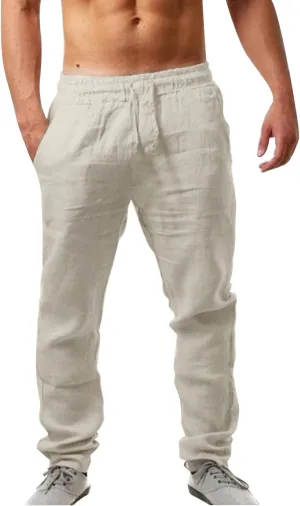 Men's Linen Beach Pants Lightweight Breathable Sport Yoga Pants Workout Joggers Outdoor Hiking Trousers