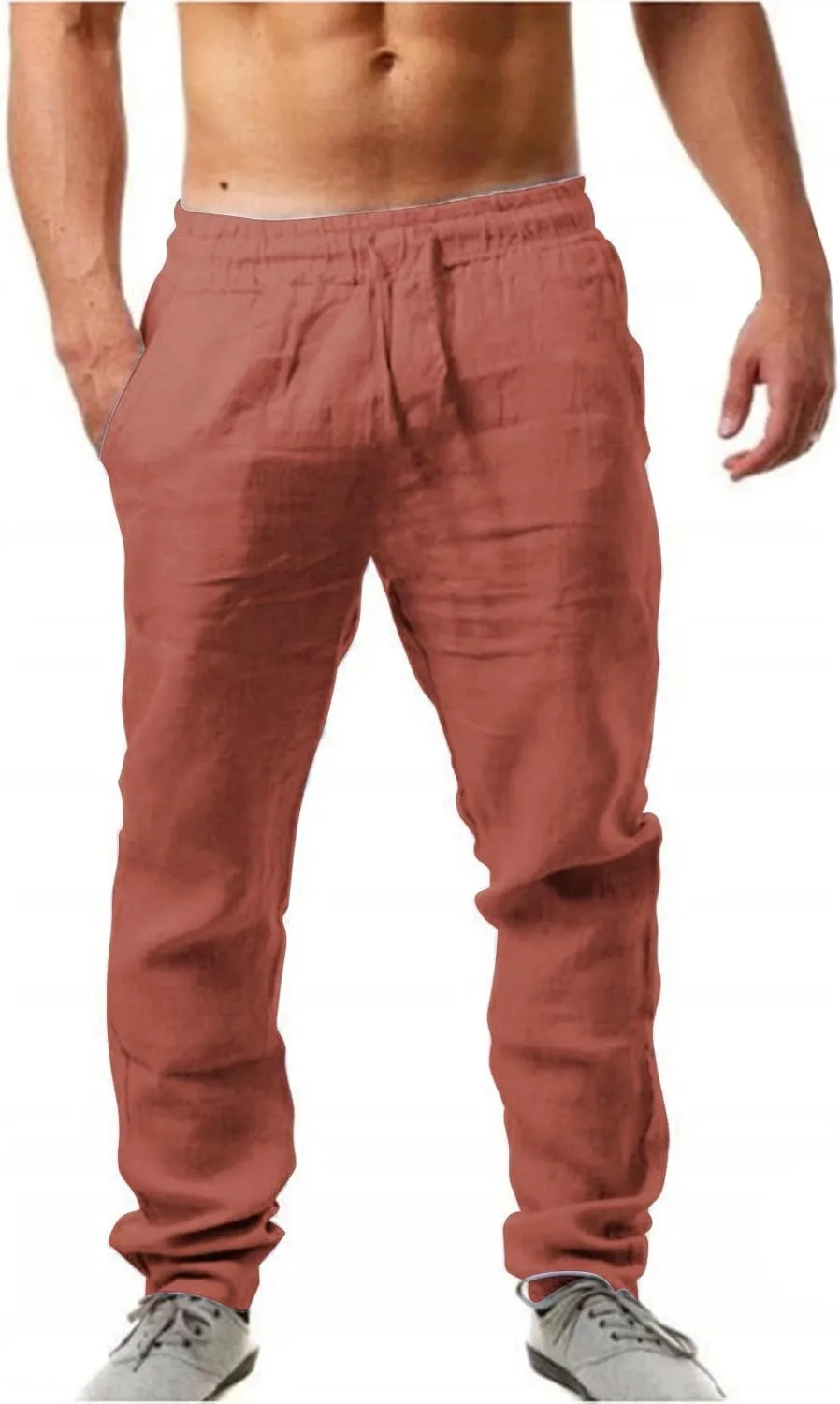 Mens Linen Pants Elastic Wasist Drawstring Lightweight Loose Trousers Summer Casual Pants with Pockets