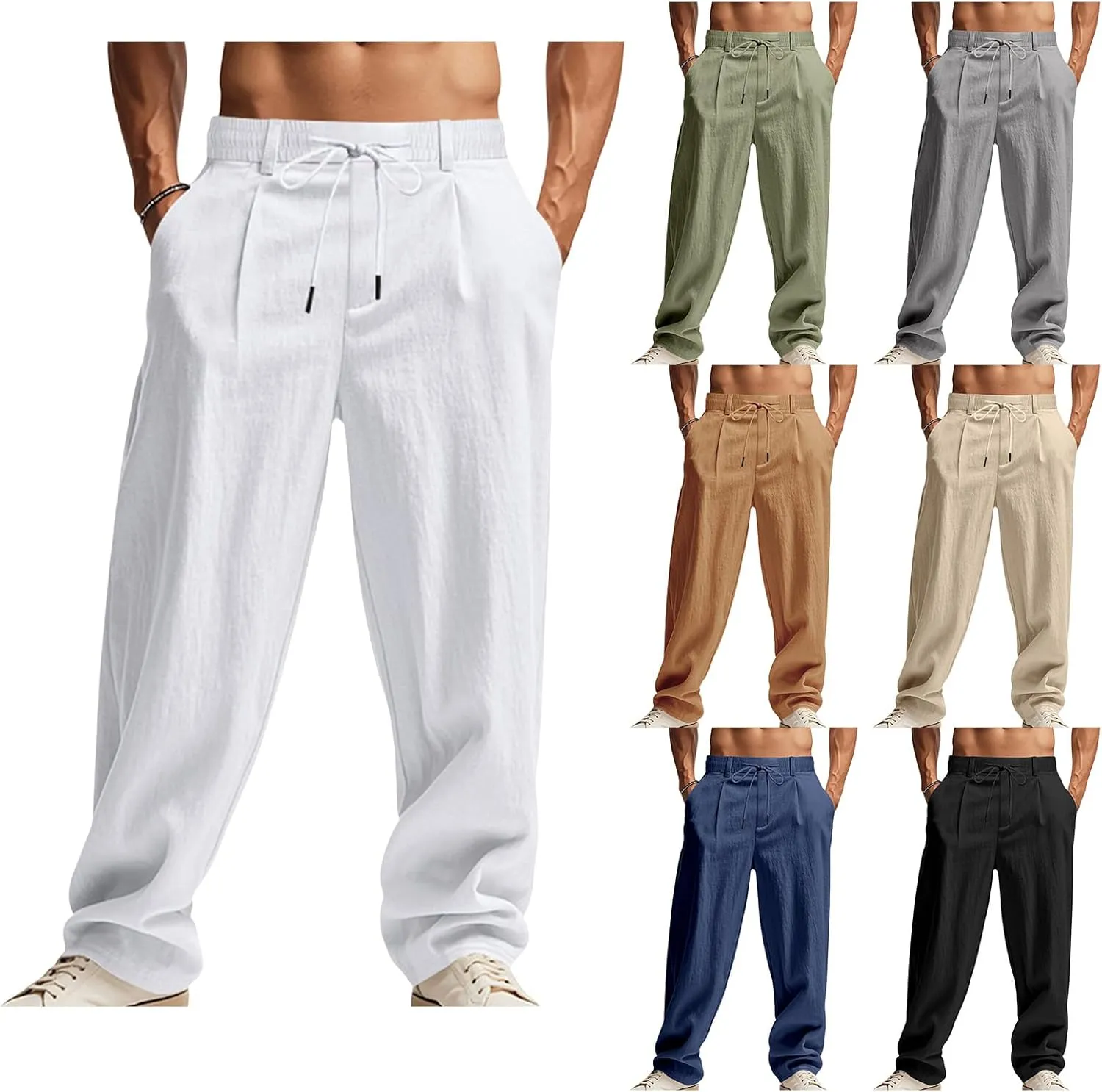 Mens Linen Pants Fashion Simple Drawstring Waist Pants Wide Leg Yoga Trouser Outdoor Breathable Comfy Travel Trousers