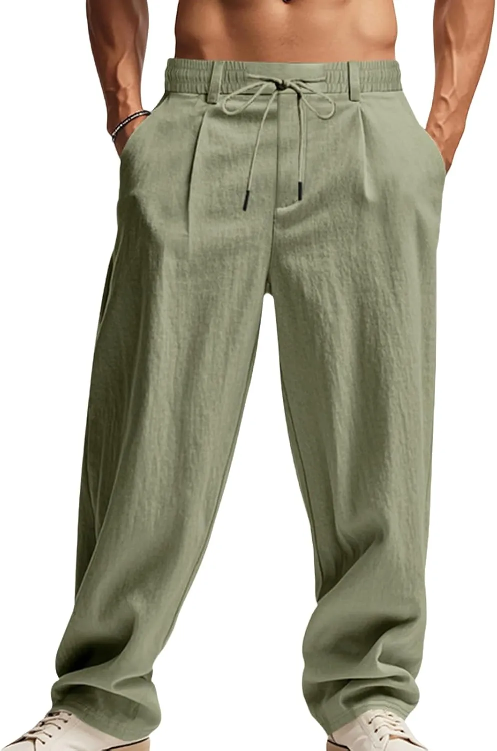 Mens Linen Pants Fashion Simple Drawstring Waist Pants Wide Leg Yoga Trouser Outdoor Breathable Comfy Travel Trousers